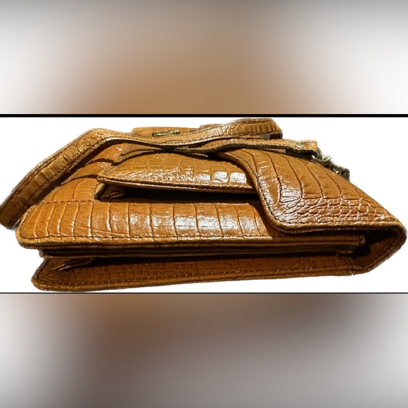 Vintage Cognac Alligator Pattern Leather Satchel Handbag Purse - Picture 5 of 9